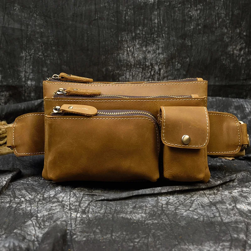 MAHEU Crazy Horse Men Waist Bag Real Leather Chest Bag Outdoor Casual Full Grain Leather Porable Gym Bags Messenger Bag Brown 240729