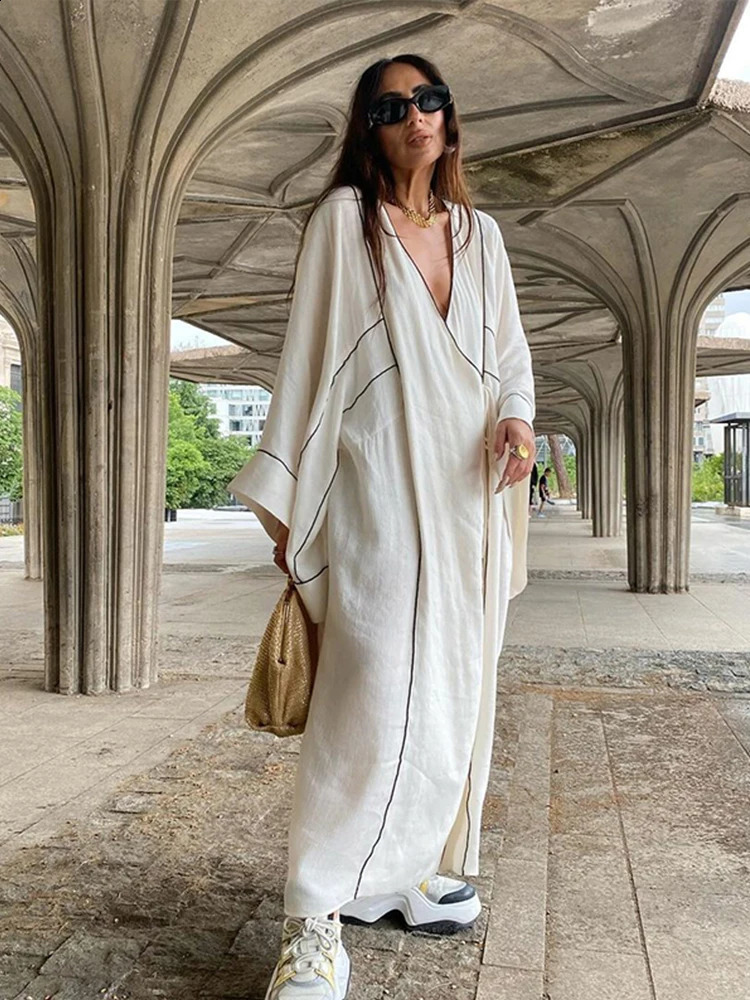 Contrast color Lace Up Maxi Dress For Women Summer Loose V-Neck Long Sleeve Cotton Kimono Dress 2024 Holiday Lady Beach Robes 240729