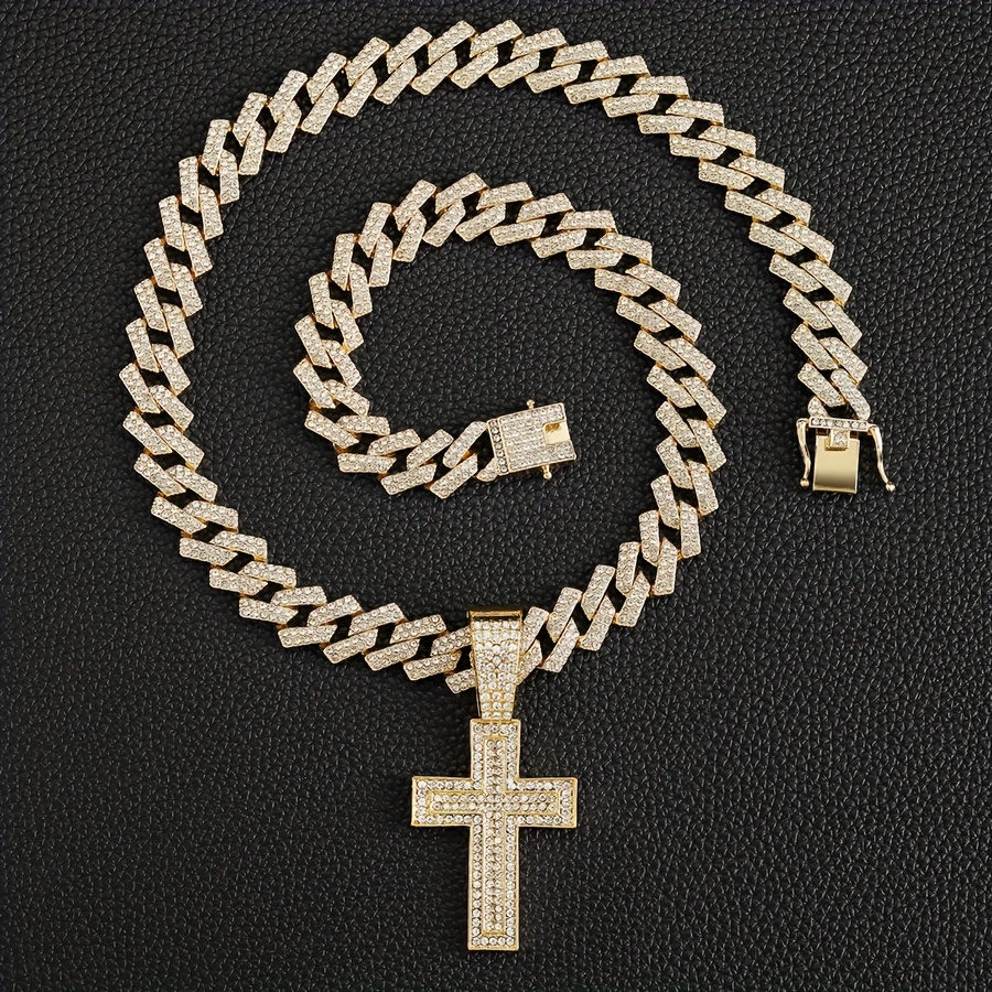 Minimally understated filled gold necklace with full cross and wide clasp dia Cuban chain