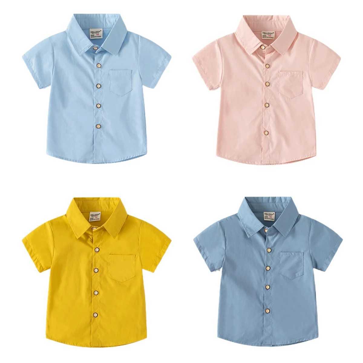 New fashion boys solid color monochrome short sleeved shirt for summer 2024 childrens casual cotton top 3-8 years old 6 colorsW240729