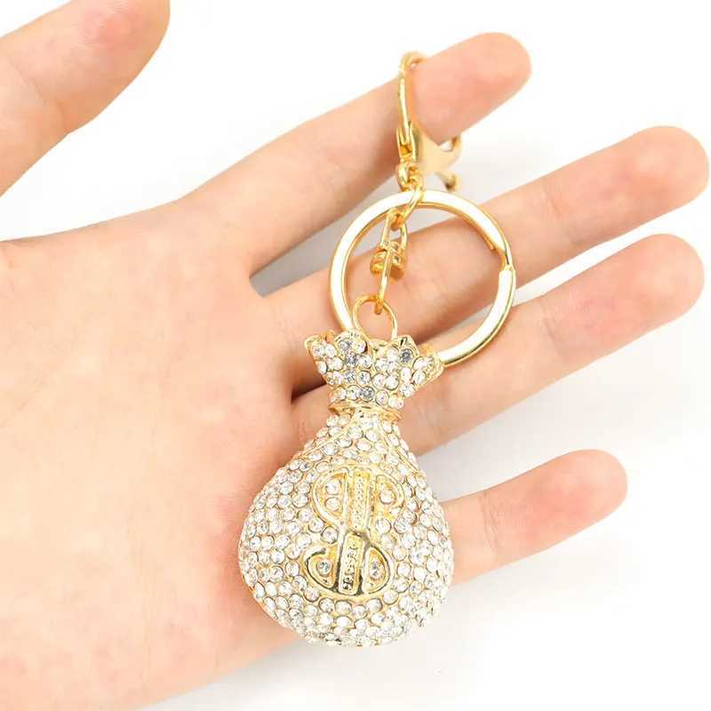 Exquisite Rhinestones Inlaid Dollar Sign Money Bag Keychain Trendy Jewelry Lucky Bag Keyring Bag Car Keys Decoration AccessoryL240729