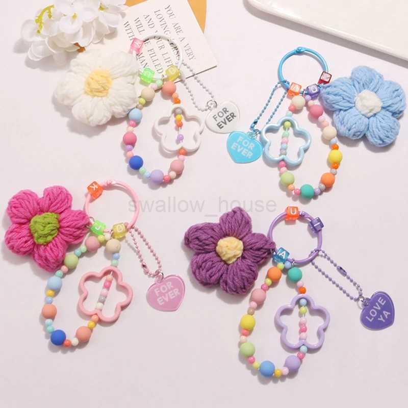 Cartoon Wool Knitted Flowers Key Chains Beaded Wristlet Lanyard Bracelet Keyring For Women Girl Bag Pendant Charms Keychain GiftL240729