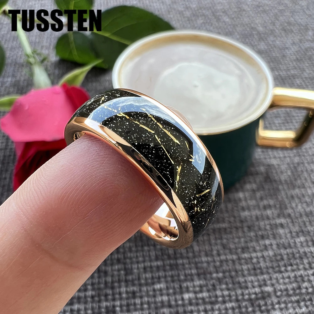 TUSTEN 8mm Tungsten Carbide Ring Black Inlaid Gold Foil Wedding Mens and Womens Jewelry Wholesale 240723