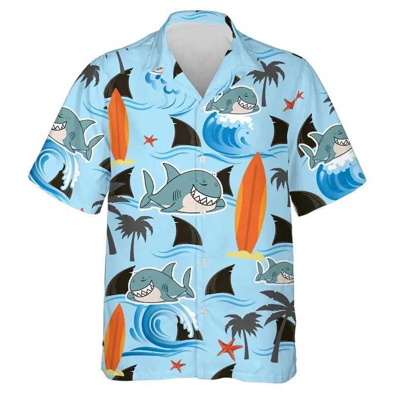 Shark Shirt for Childrens Clothing Funny Animal Graphic Beach Shirt Collar Shirt Vacation Short Sleeve TopW240729