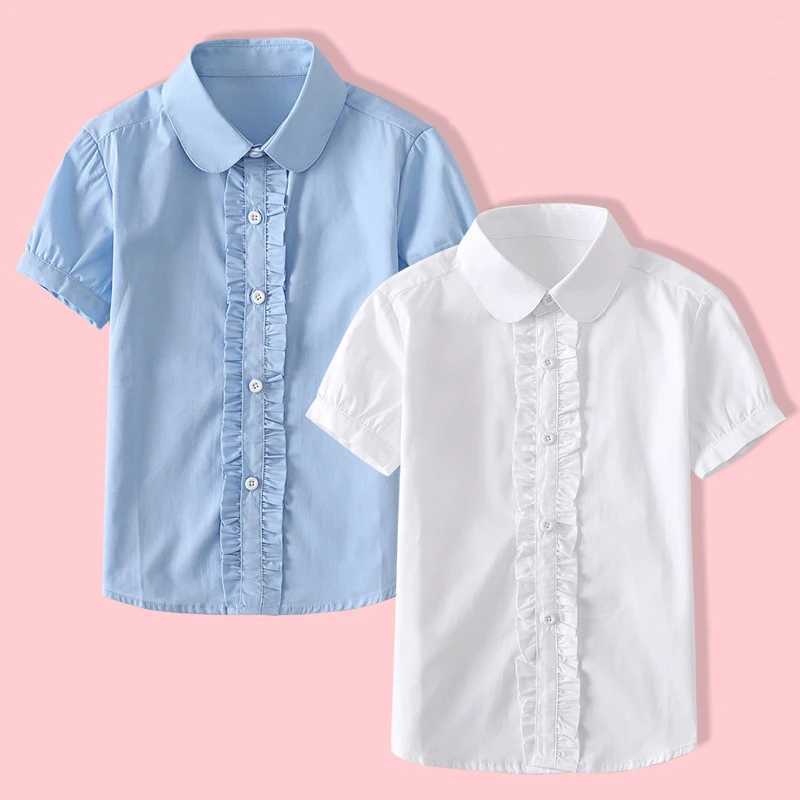 Summer Shirts for Teenage Girls Cotton Short Sleeve White Blouses Pupil School Uniform Girls Puff Sleeve Blue Tops 4 8 12 16W240729