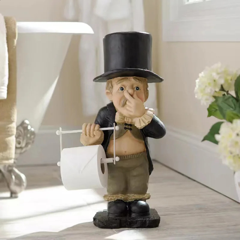 Stinky Butler Holding Nose Resin Sculptures with Roll Paper Holder Stand Primitive Figurine Home Table Bathroom Decorations 240719