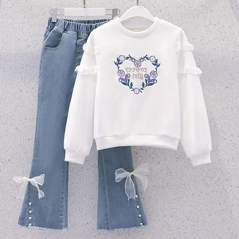 Childrens Sets Clothing Girls Sweater Autumn Round Neck Long Sleeved Girl Two Piece Set Round Collar Soild Sweet 240729