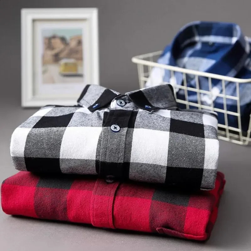 Mens Plaid Brushed Flannel Long Sleeve Shirts Single Pocket Comfortable Casual Cotton Fashion Slim Fit Button Down Shirts Clothe 240729