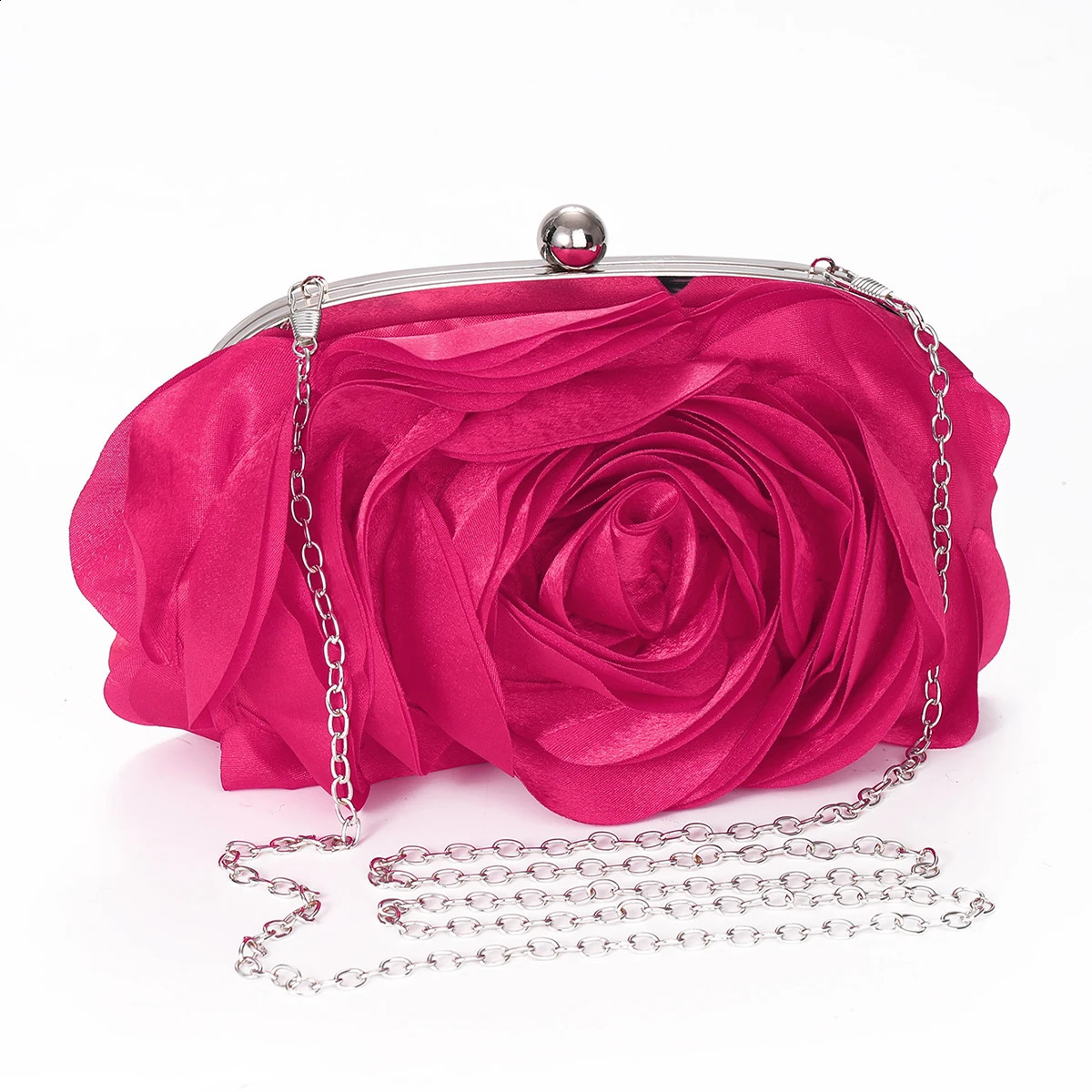 Women Rose Flower Evening Bag Ladies Floral Pink Handbag Bridal Wedding Party Purse Fashion Beatiful Small Day Clutch Chain 240729