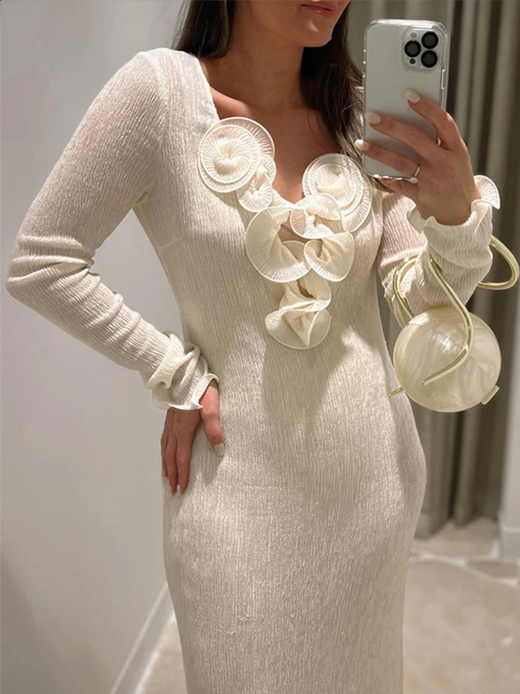 3d Floral V-neck Women Maxi Dress Solid Long Sleeve Split Slim Female Dresses 2024 Spring Summer Beachwear Ruffles Lady Robe 240729
