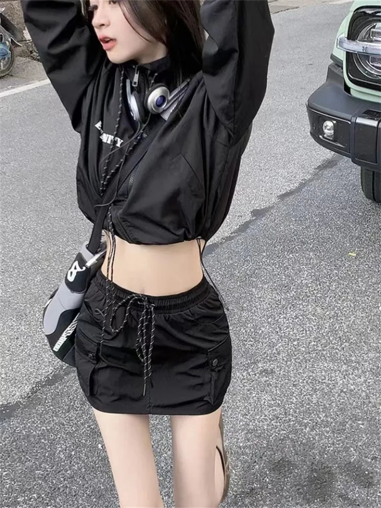Twopiece Y2k Cropped Zipper Sweatshirt Skirt Black Dress Sets Streetwear Harajuku Girls Sportswear Suits Women Clothing Trends 240729