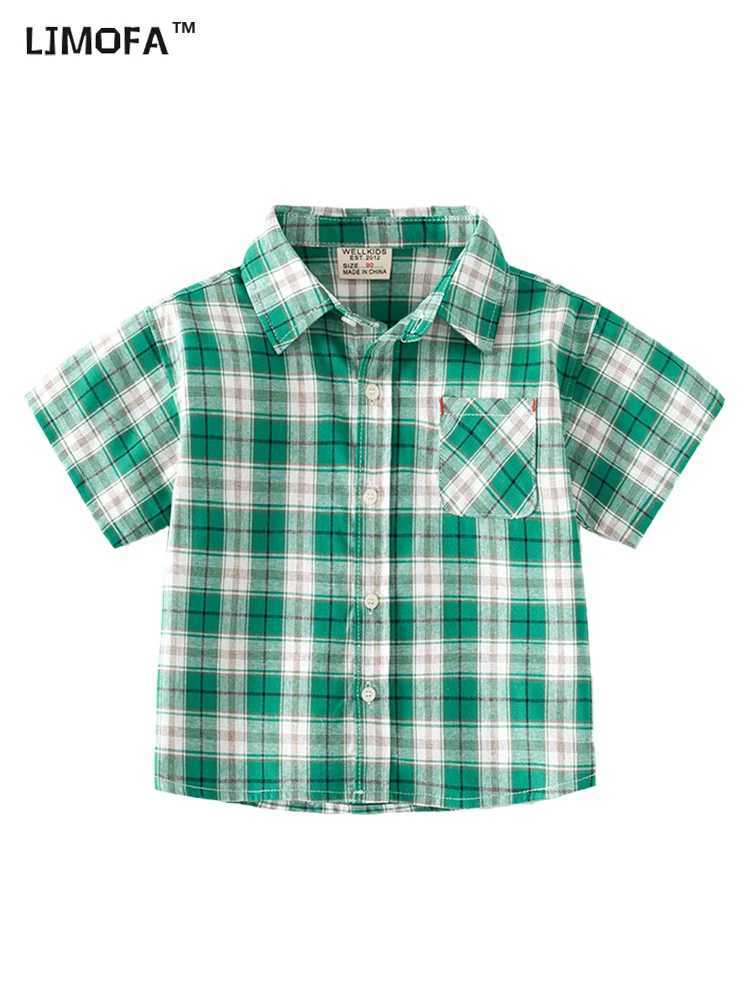 LJMOFA childrens classic plain weave shirt childrens short sleeved lapel striped casual polo shirt summer cotton youth top D454W240729