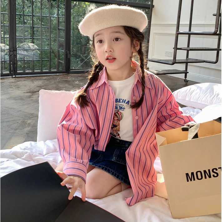 Girls Korean style striped shirt 2023 spring new casual loose fully matched lapel comfortable top outdoor fashionW240729