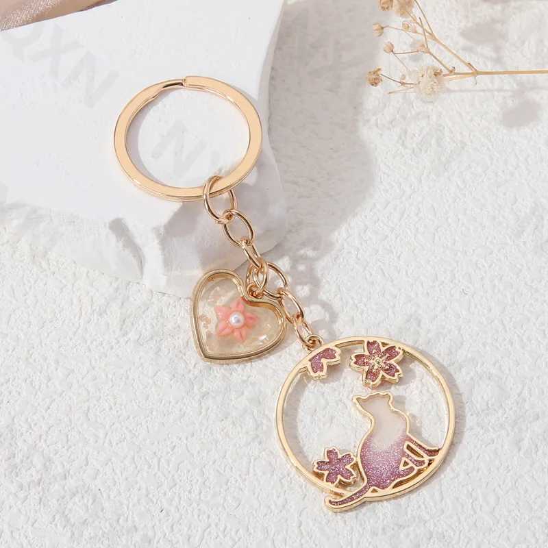 Pretty Round Cat Keychains Cherry Blossom Flowers Animals Key Rings For Women Girls Friendship Gift Handmade DIY JewelryL240729