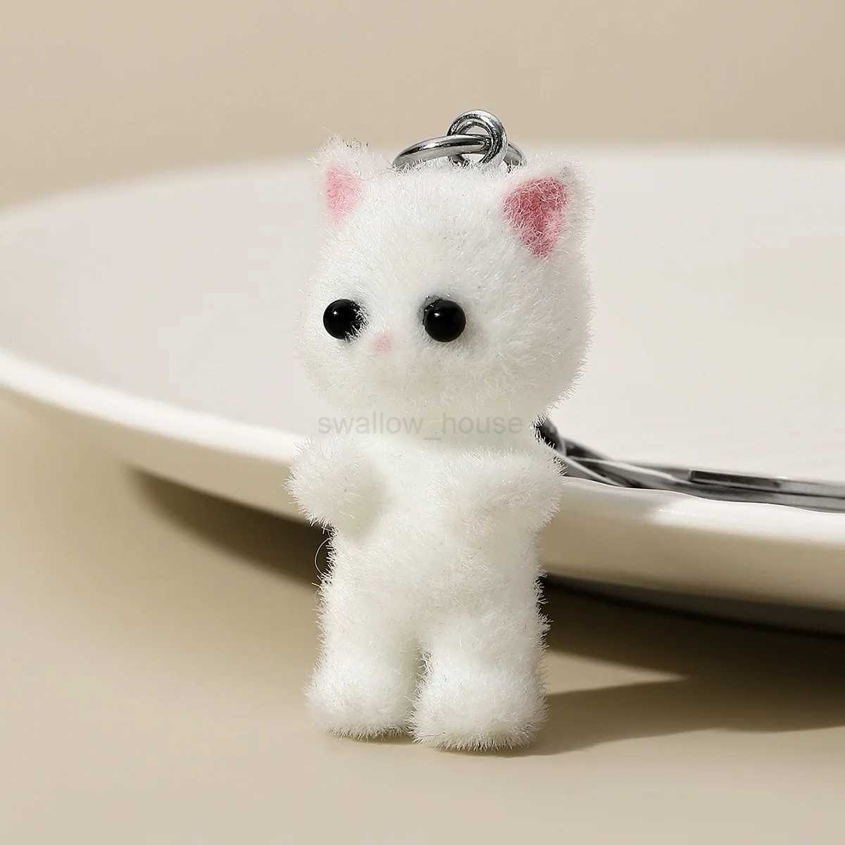 1PCS 3D Cartoon Flocking Cat Keychain Kawaii Cat Key Ring Animal Key Chains Souvenir Gifts For Women Men Car Keys DIY JewelryL240729