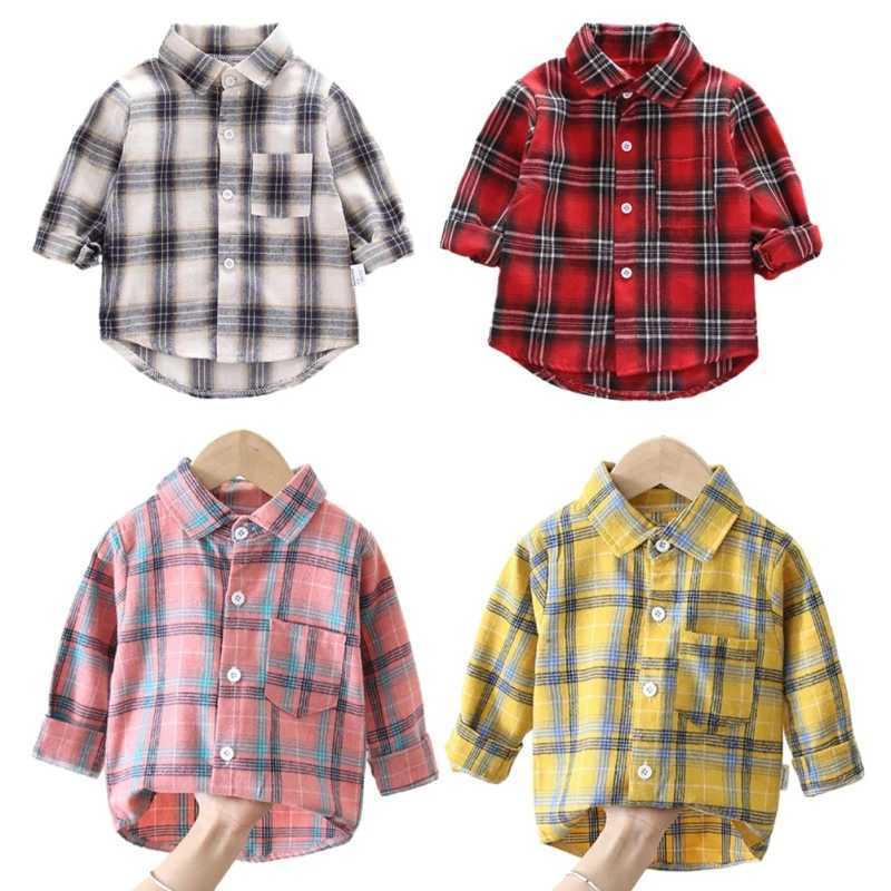 Fashion plaid casual thin shirt for children boys and girls cotton soft long sleeved T-shirt for children four seasons school topW240729