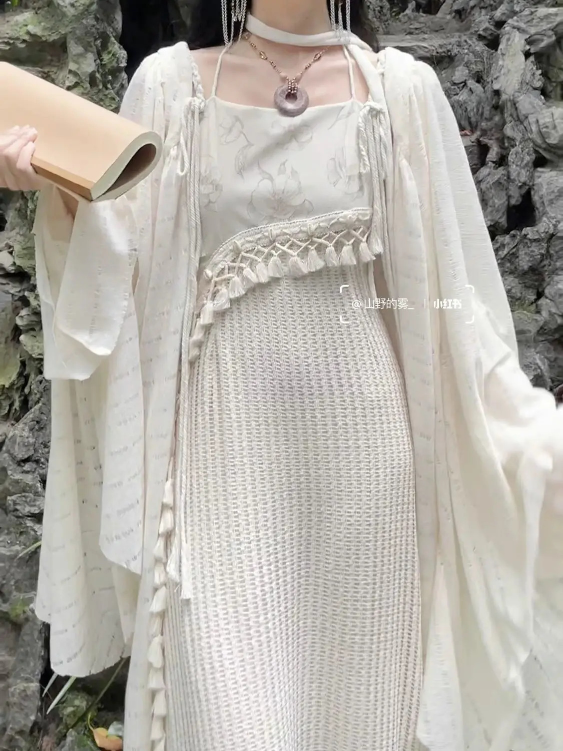 Chinese Style Knitted Spliced Suspender Dress Spring and Autumn Long Sleeve Coat Vintage Set Two Piece Sets Women Outfits 240729