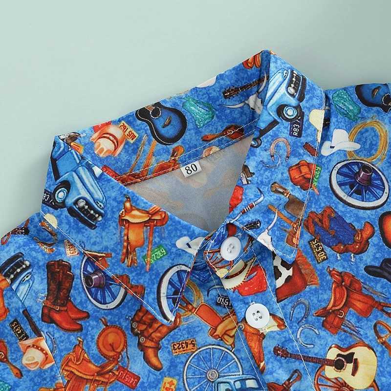 Boys summer shirt with cartoon pattern printing childrens lapel collar short sleeved shirt button up childrens clothingW240729