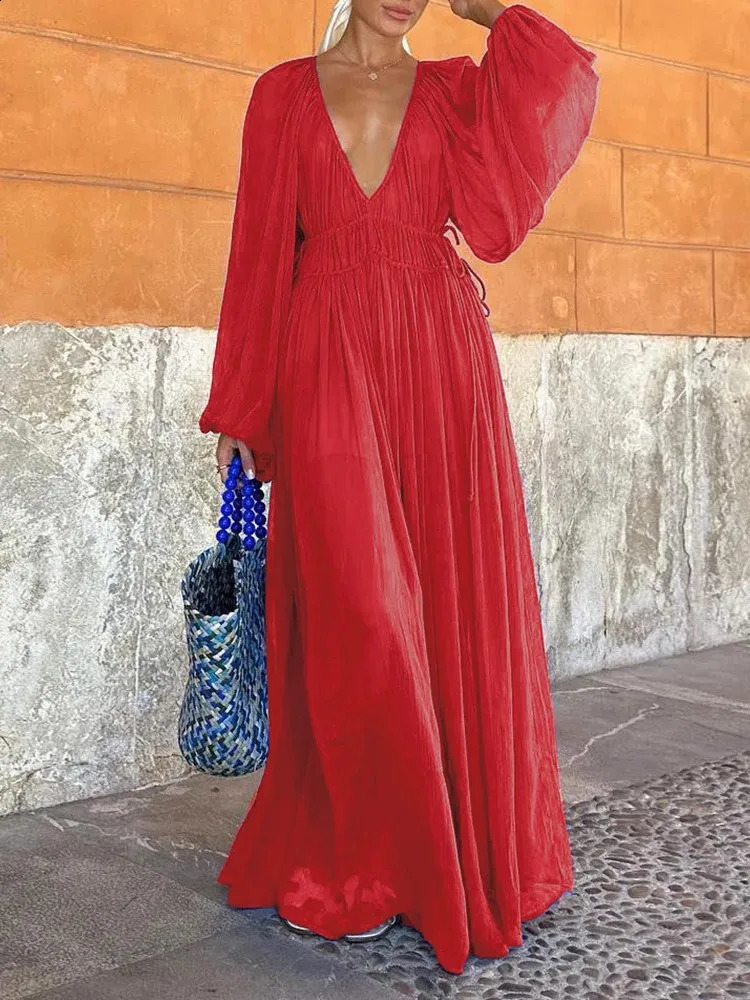 Sexy Deep V-neck Lace Up Pleated Party Dress Women Spring Solid High Waist Boho Long Dress Autumn Long Sleeve Hem Maxi Dress 240729