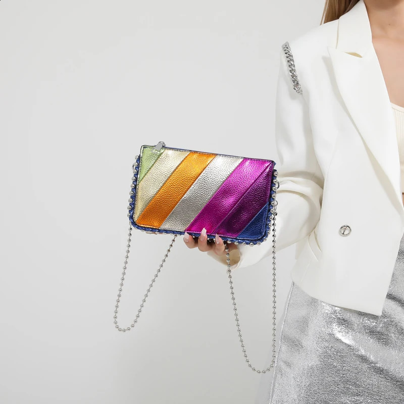 Small Rainbow Colorful Stripes Handbag Party Evening Clutch PU Leather Patchwork Square Flap Metal Chain Cross Body Shoulder Bag 240729 186c