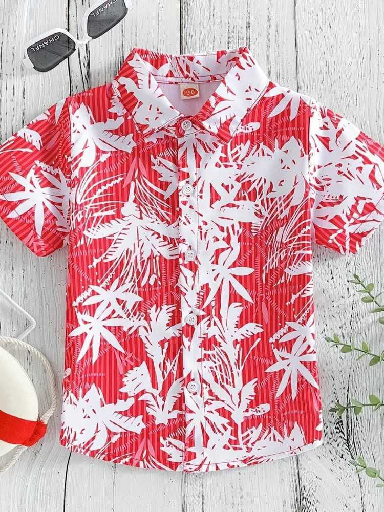 Childrens Summer Top Fashionable Flower and Leaf Leisure Breathable Childrens Summer Vacation ShirtW240729