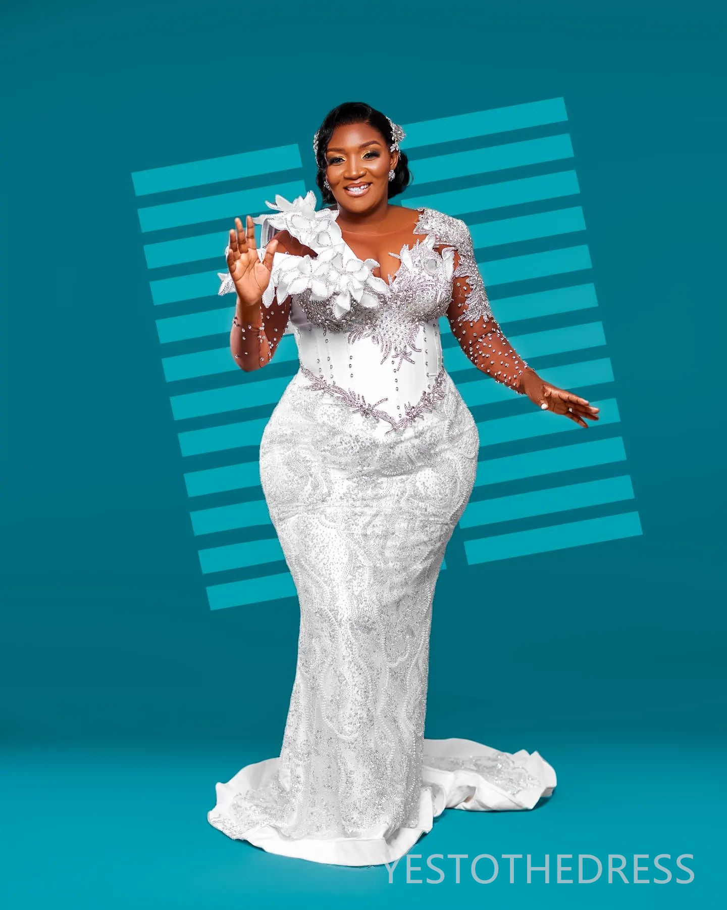 R&W 2024 Plus Size Mermaid Dress Bridal Bride Illusion Sheer Neck Bead Pearls Rhies Decorated Beaded Lace Ruffle Wedding Gowns for Marriage D283