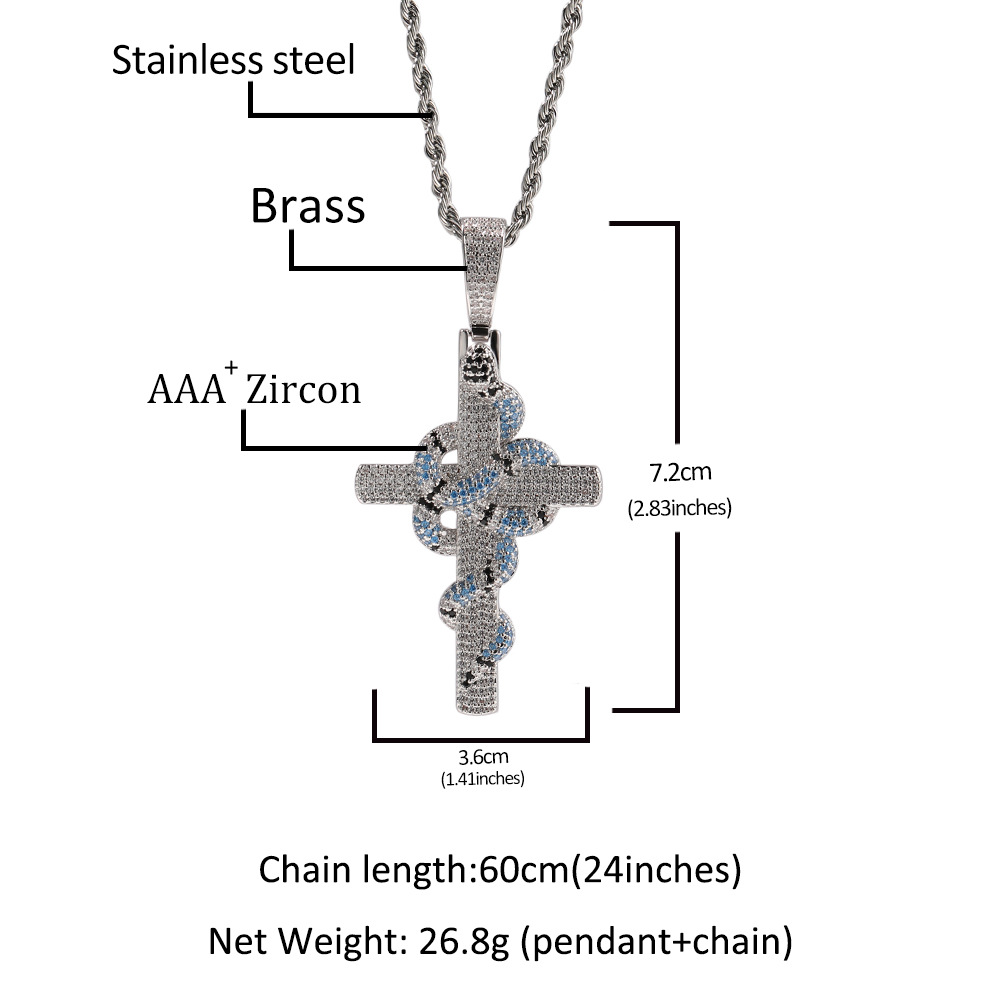 Hip Hop Colorful Snake Cross Pendant Necklace TopBling Full Cubic Zirconia Religious Jewelry