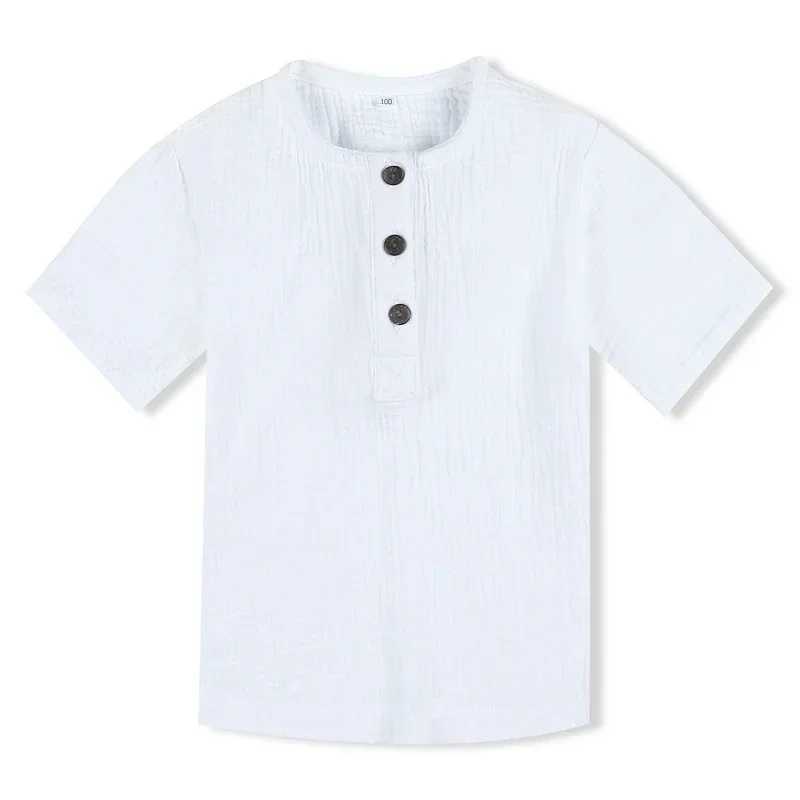 Linen cotton white shirt 2024 boys and girls summer T-shirt new childrens comfortable top T-shirt childrens clothing button up shirtW240729