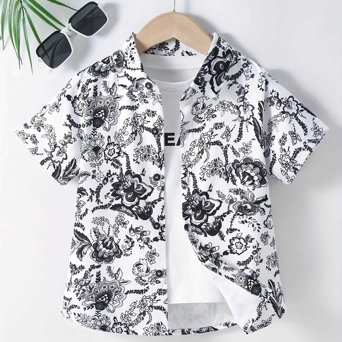 Boys Aloha Flower Pattern Creative Shirt Short Sleeve Button Comfortable Loose Summer Holiday Shirt TopW240729