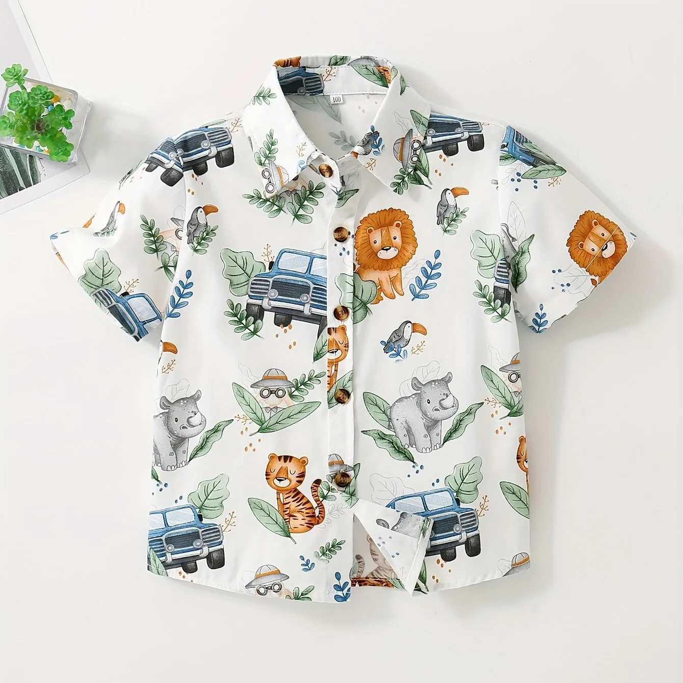 Childrens clothing cartoon pattern cute shirt boys short sleeved casual fashion front button comfortable summer topW240729