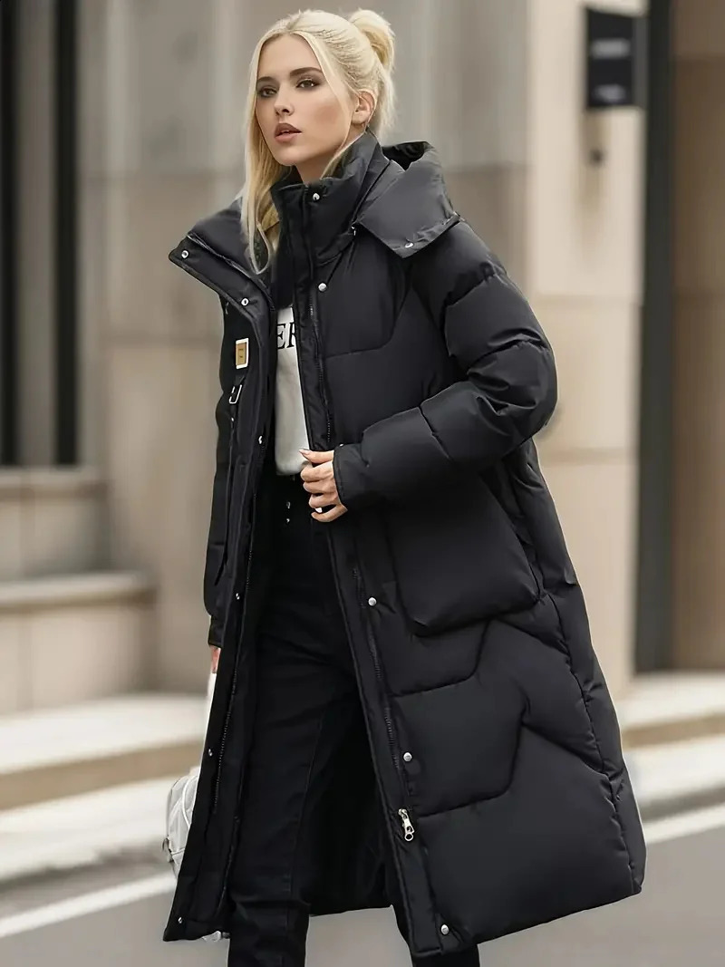 2024 Winter Parka Woman Long Jacket Hooded Detachable Thicken Loose Fur Collar Zipper Pockets Warm Snow Wear Padded Coat 240729