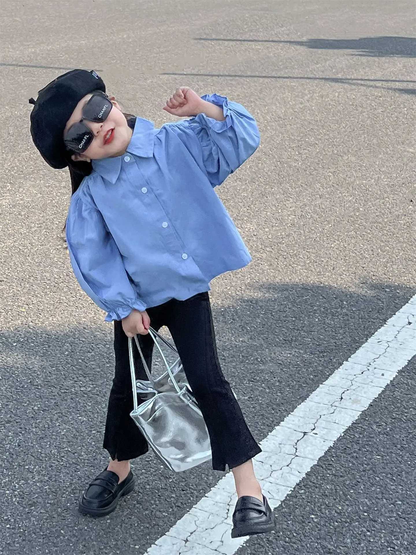2024 Spring New Korean Childrens Clothing Womens Collar Bubble Sleeves Loose and Retro Blue Shirt Long Sleeve Doll ShirtW240729
