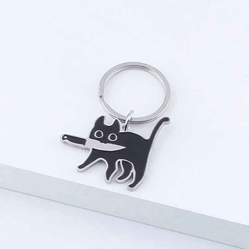 Cute Cartoon Knife Cat Keychain Stainless Steel Black Kitten Key Chains Keyring Bag Pendant Hanging Jewelry GiftL240729