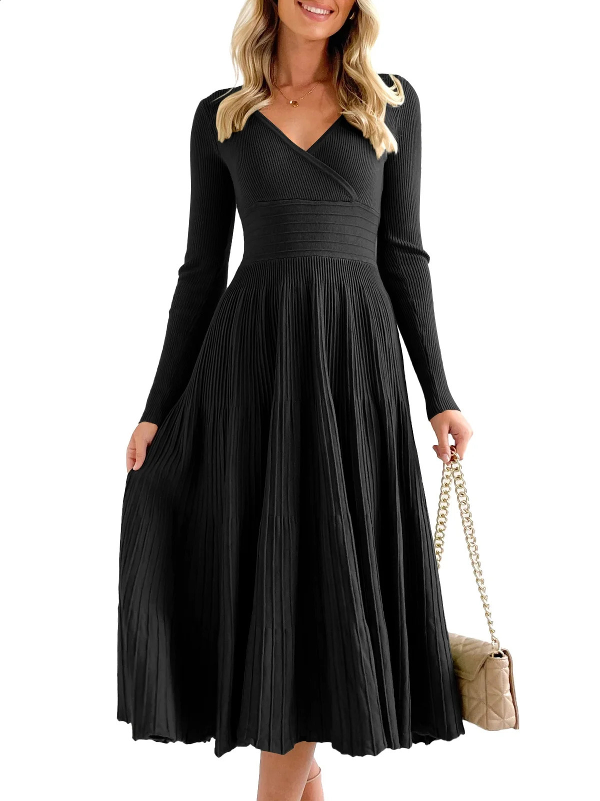 V Neck Elegant Knit Maxi Dress Office Lady Women Clothes Long Sleeve A-Line Pleated Sweater Dresses High Waist Slim Streetwear 240729