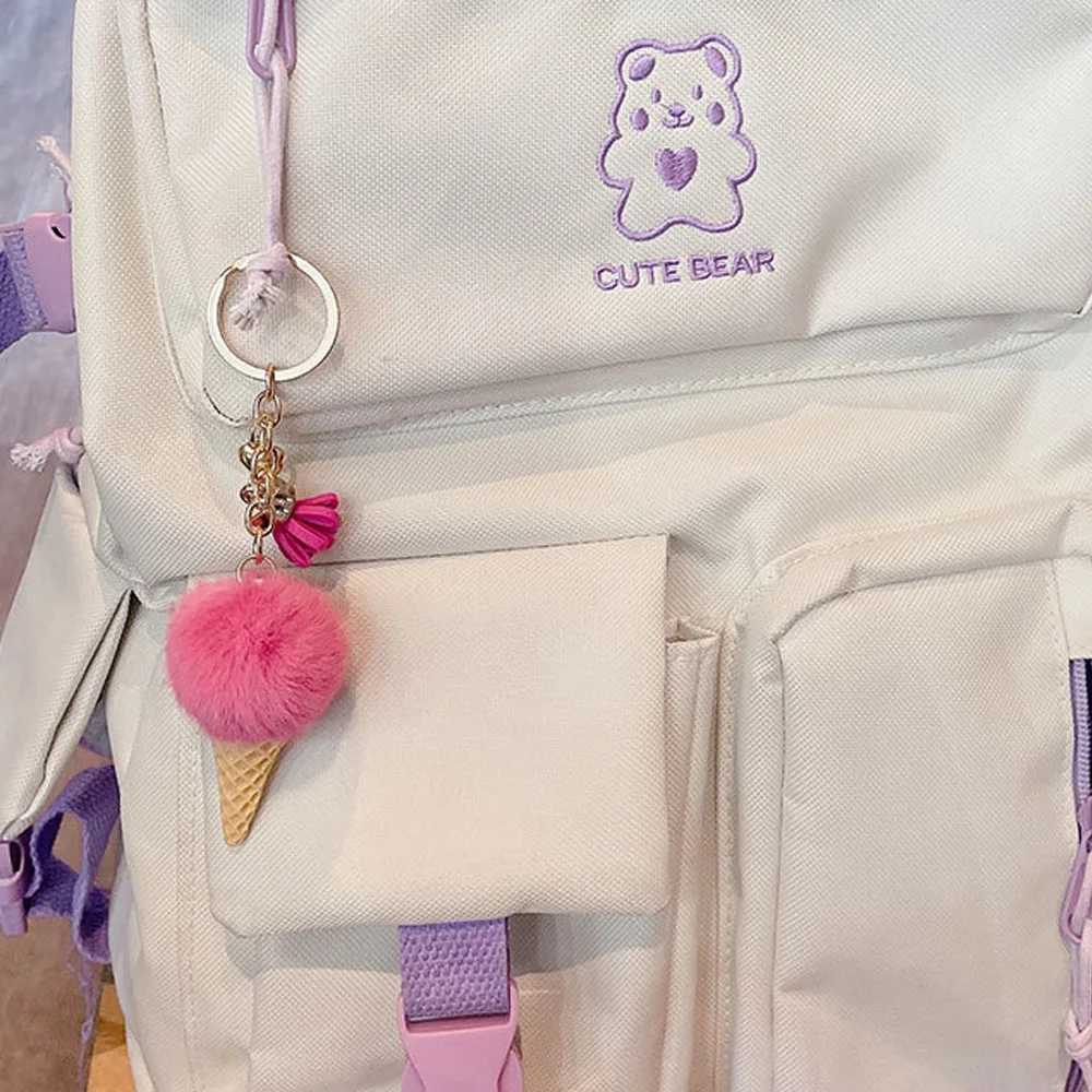 1pc Fashion Cute Mini Ice Cream Key Ring With Tassel Student Fluffy Pom Velvet Plush Keychain For Girls Bag Decoration GiftL240729