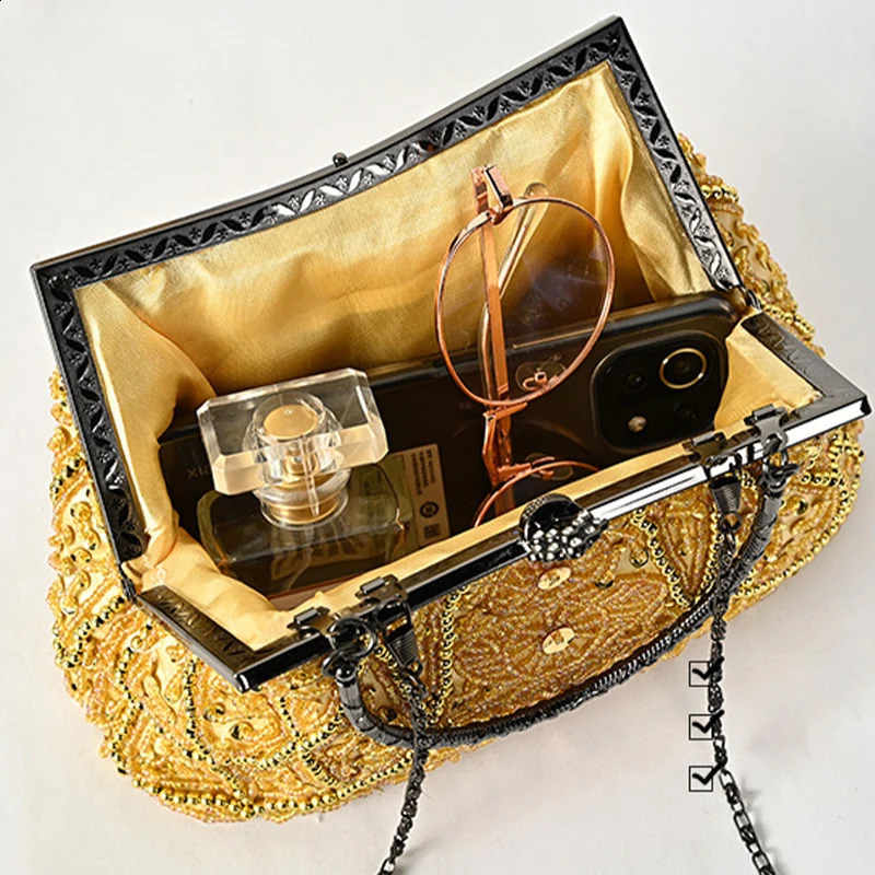 Vintage Beaded Sequin Pearl Clutch Handbag for Women Wedding Bridal Prom Party Purse with Top Handle Shoulder Messenger Bag 240729