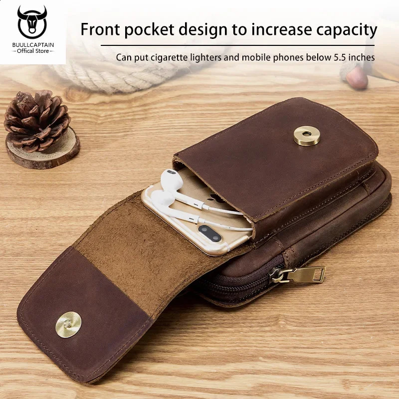 BULLCAPTAIN Mens Genuine Leather Waist Bag Retro Casual 6.7-Inch Mobile Phone Bag Multifunctional Double Layer Waist Bag 240729