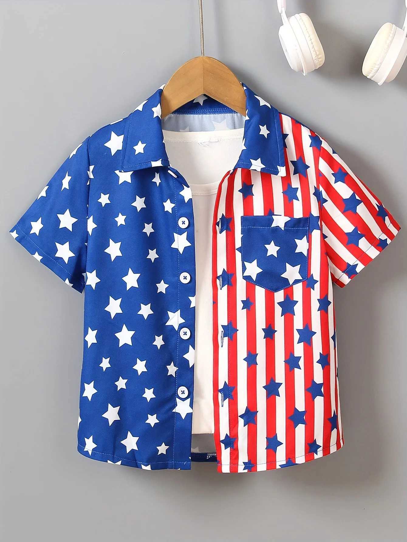 American Flag Prince Boys Creative Collar Shirt Lightweight and Comfortable Short Sleeve Top Boys Summer TopW240729