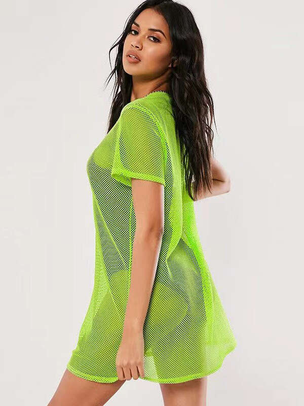 Fashionable Summer Womens Sexy Hollow Out Square Grid Spicy Girl Style Fluorescent Base Shirt Top T-shirt Waist Self-cultivation Round Neck Dress Silk
