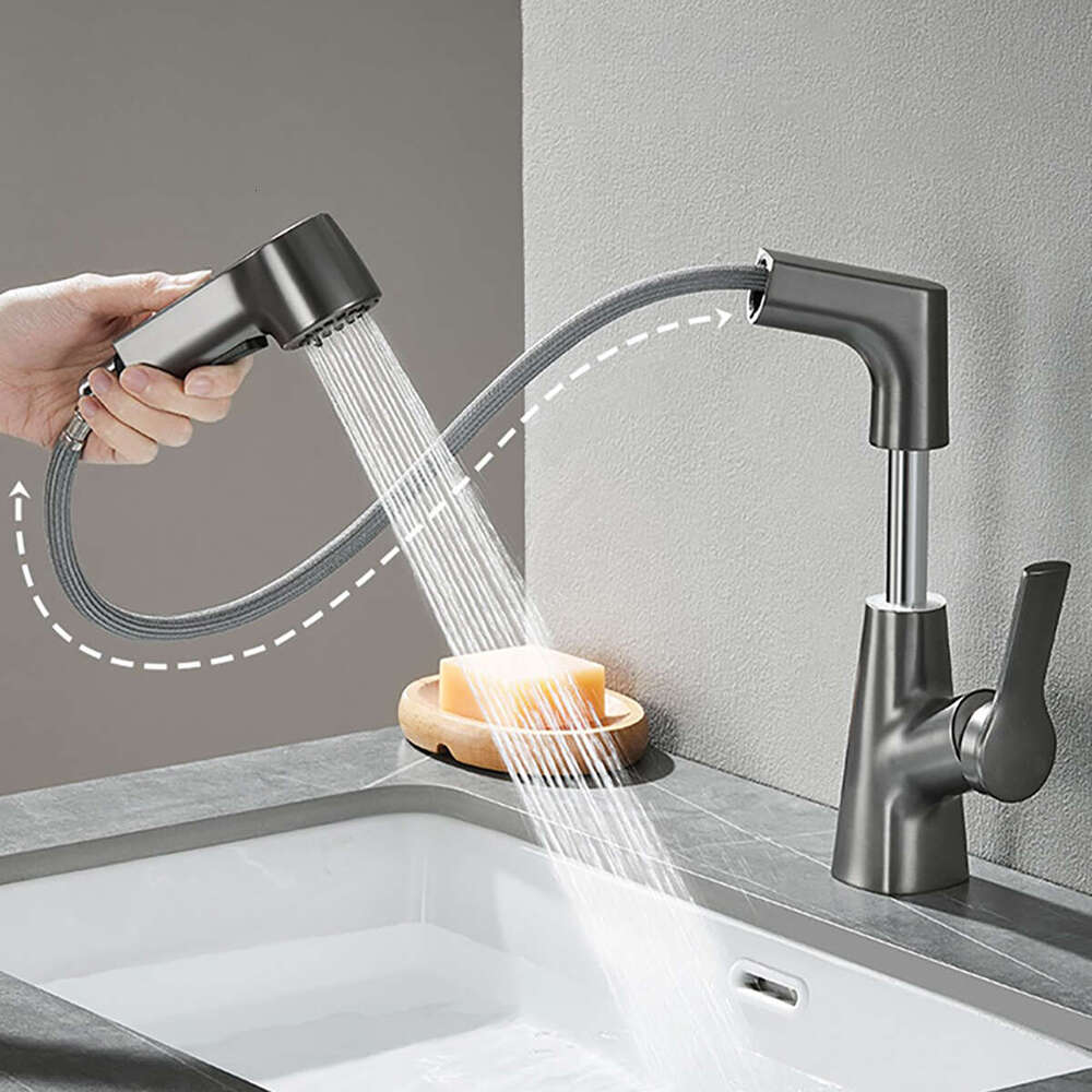 Lift 360° Rotatable Bathroom Basin Stainless Steel Kitchen Sink Faucet with Pull Out Sprayer