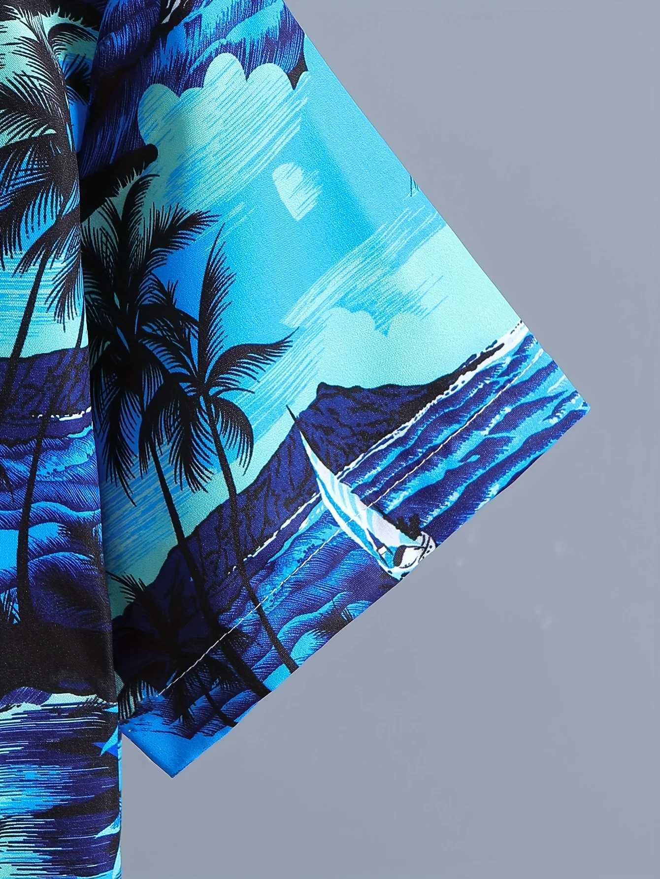 Boy coconut tree pattern shirt short sleeved jacket casual comfortable button loose breathable summer holiday shirt topW240729