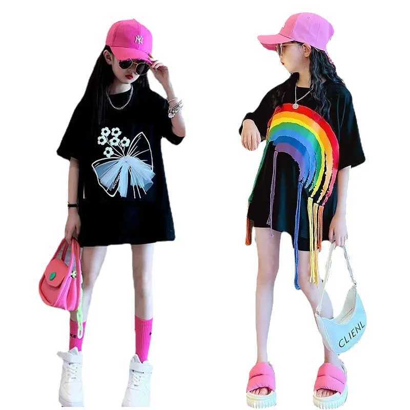 T-shirts Teenagers Girls T-shirt 2023 Summer Girl Short Sleeve Tops Tees Sport Kids School Costume Children Long T-shirts 4-12 Years OldL24729