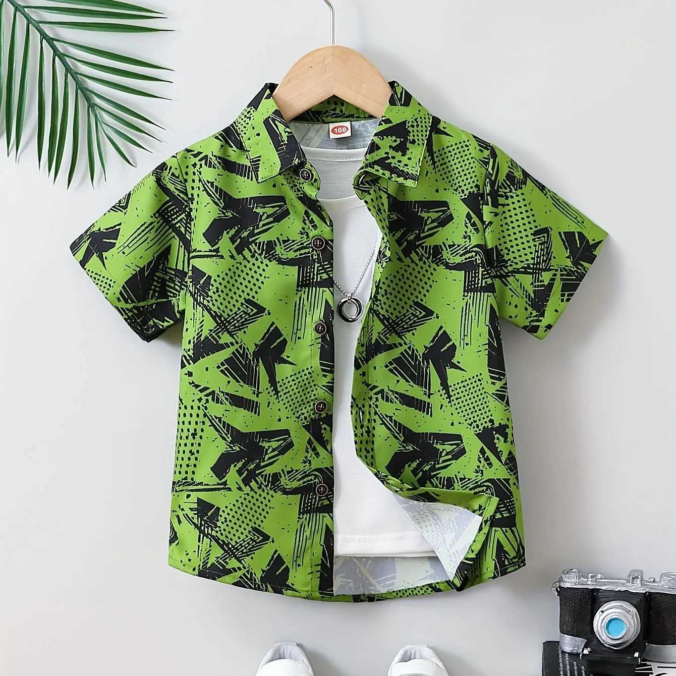 Boy Cute Cartoon Animal Pattern Button Collar Shirt Childrens Short Sleeve Casual Summer Top Daily Clothing VacationW240729