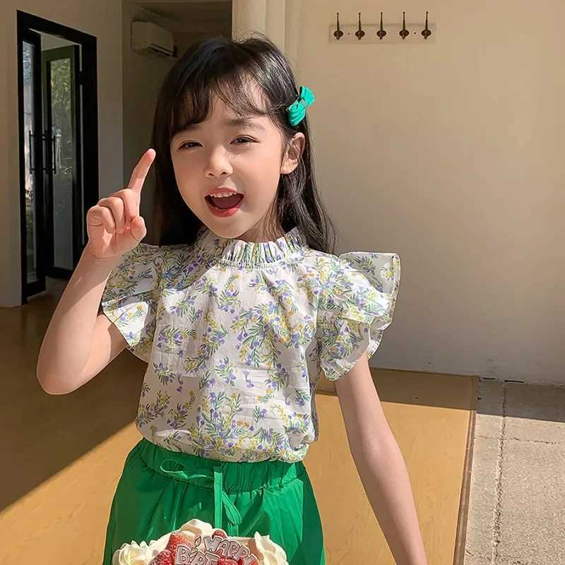 T-shirts 2-8T Flower Girls T Shirt Toddler Kid Summer Clothes Ruffles Short Sleeve Infant Floral Tshirt Cute Top OutfitL24729