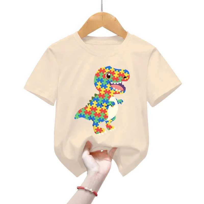 T-shirts Autism Awareness T-Shirts Childrens Short Sleeve Clothing Animal Color Mosaic Dinosaurs Tops Boys Girls Casual Fashion T-ShirtsL24729