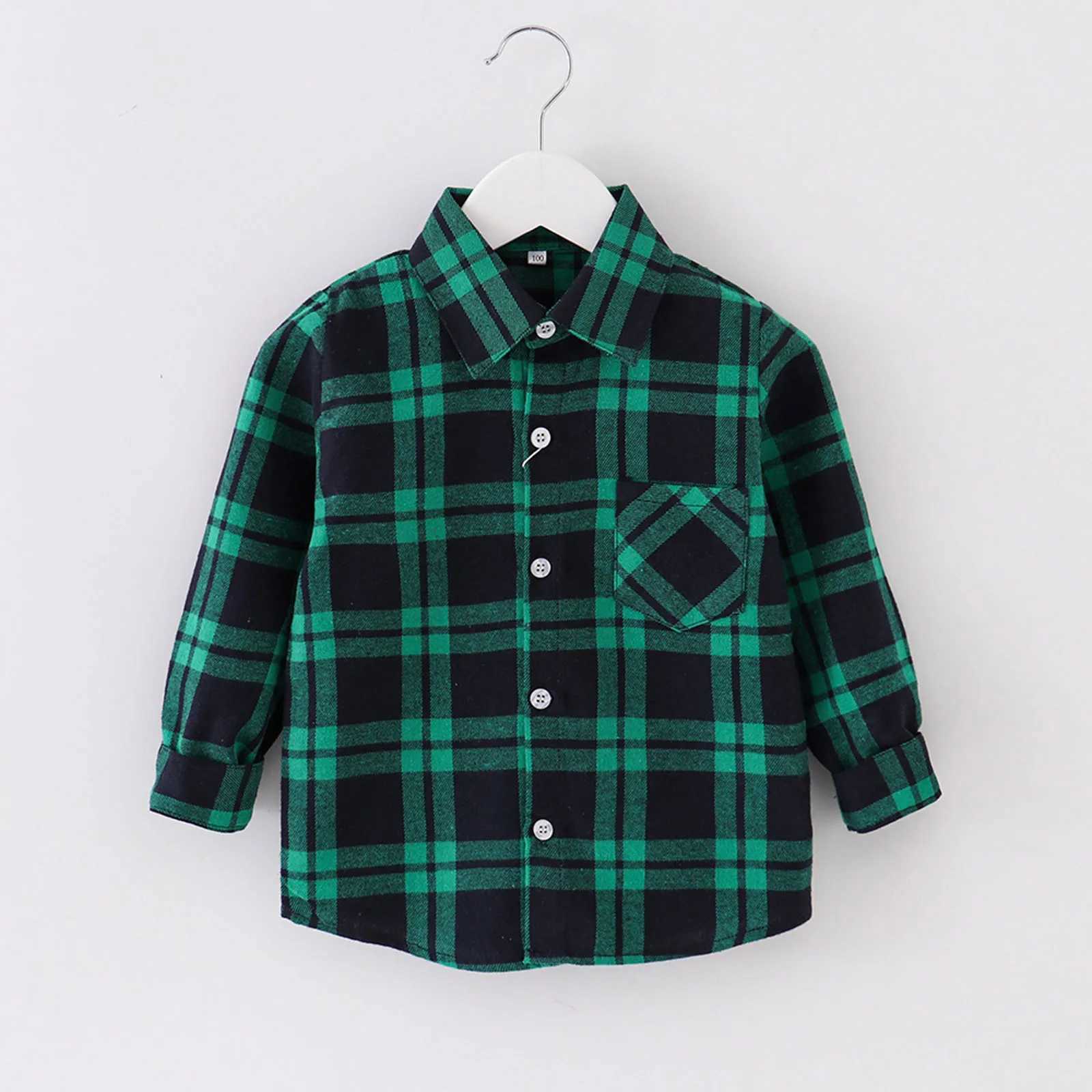 Childrens boys flannel plain shirt collar button up top baby boys and girls Y2k style long sleeved shirtW240729