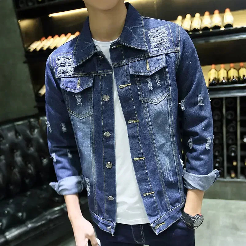 Mens Denim Jacket Slim Fit Ripped Autumn Male Jean Coats with Hole Button Rock One Piece of Fabric Fast Delvery on Board In 240729