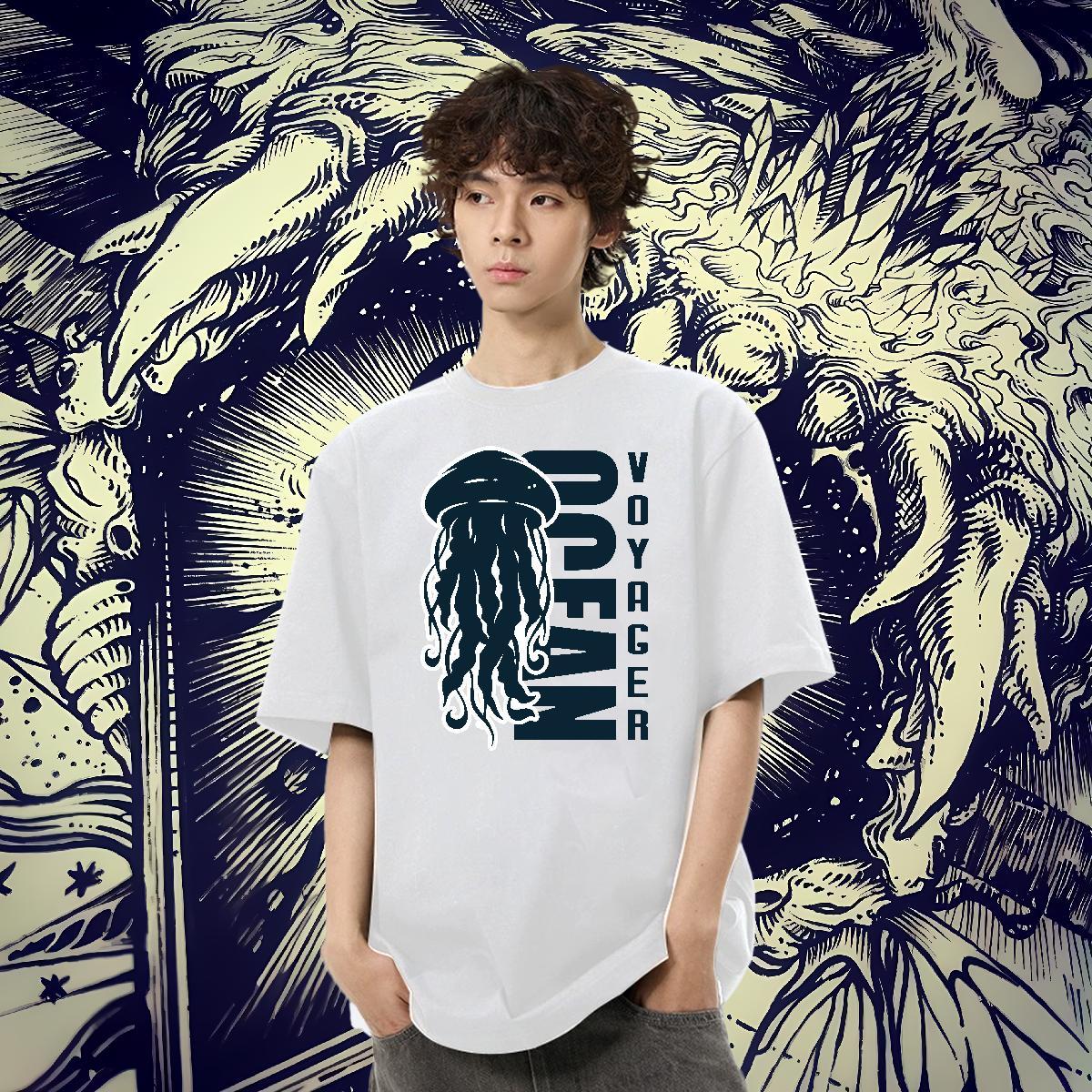 Loose Couples T Shirts 100% Cotton 230g High Street Hip Hop jellyfish Customized Print Breathable New T Shirts Men Top Tees