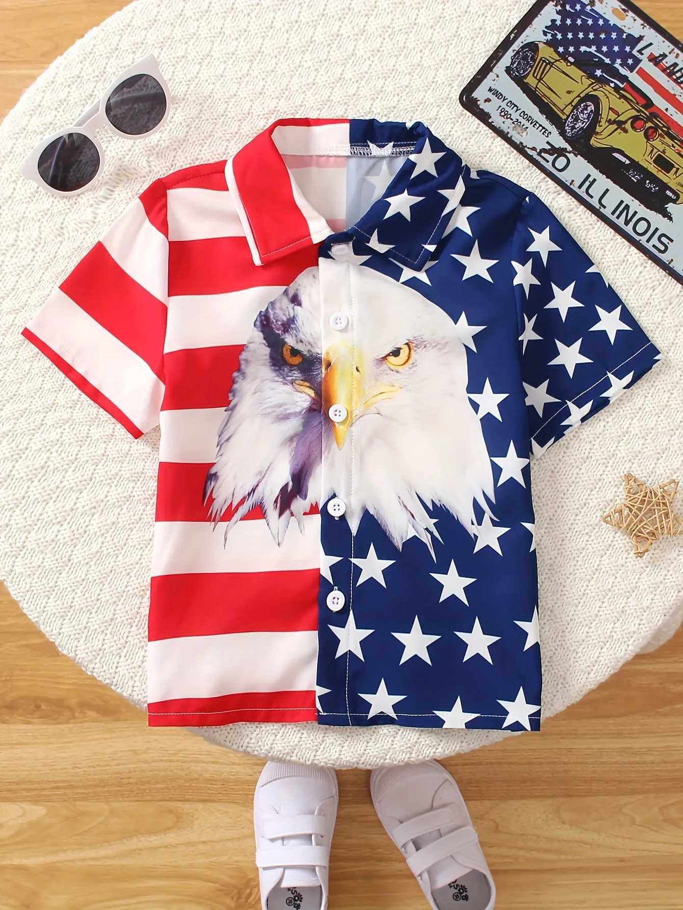 American Flag Prince Boys Creative Collar Shirt Lightweight and Comfortable Short Sleeve Top Boys Summer TopW240729