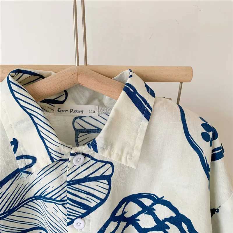 New Summer Boys Shirt Childrens Leaf Printed Cotton Top Childrens Collar Loose Casual Shirt 2-7YW240729
